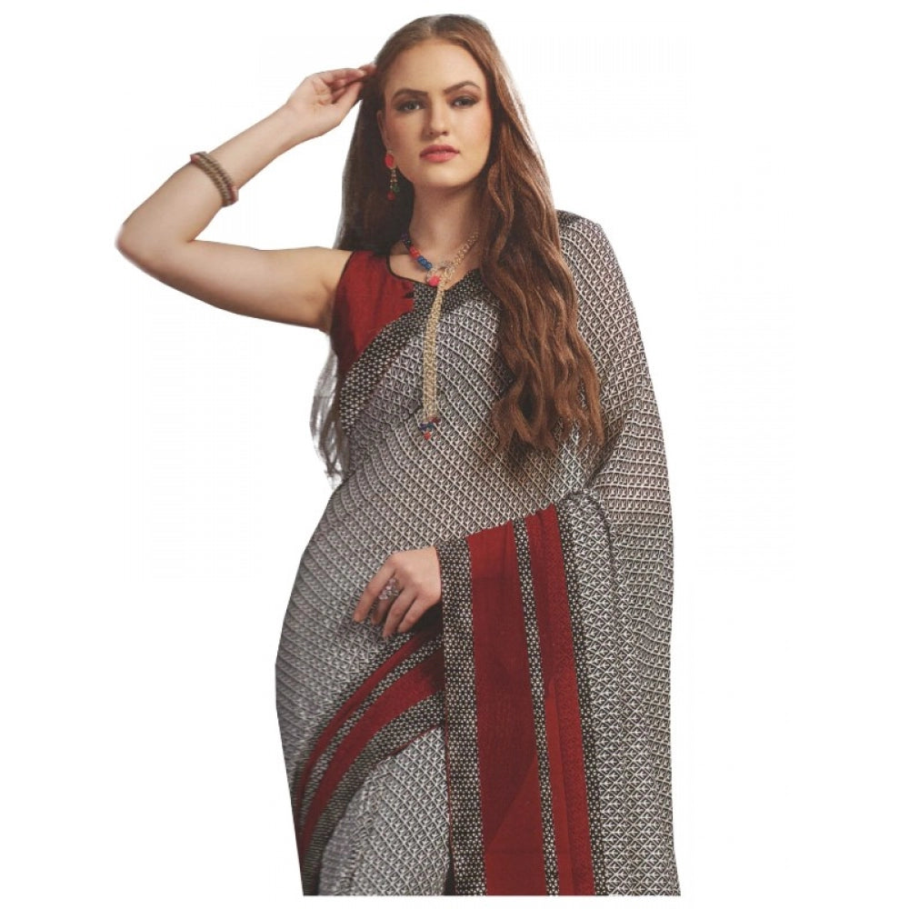 Amfyn Womens Georgette Digital Printed Saree (Grey, Red, 6.25 Mtr)