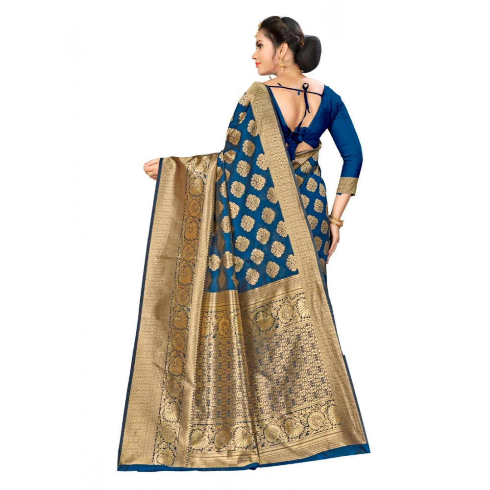 Amfyn Women's Banarasi silk Saree with Blouse (Navy blue, 5-6mtr)