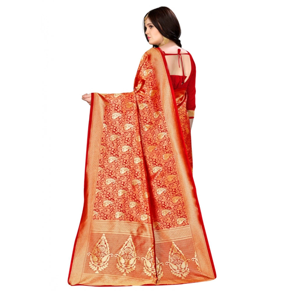 Amfyn Women's Banarasi silk Saree with Blouse (Red, 5-6mtr)