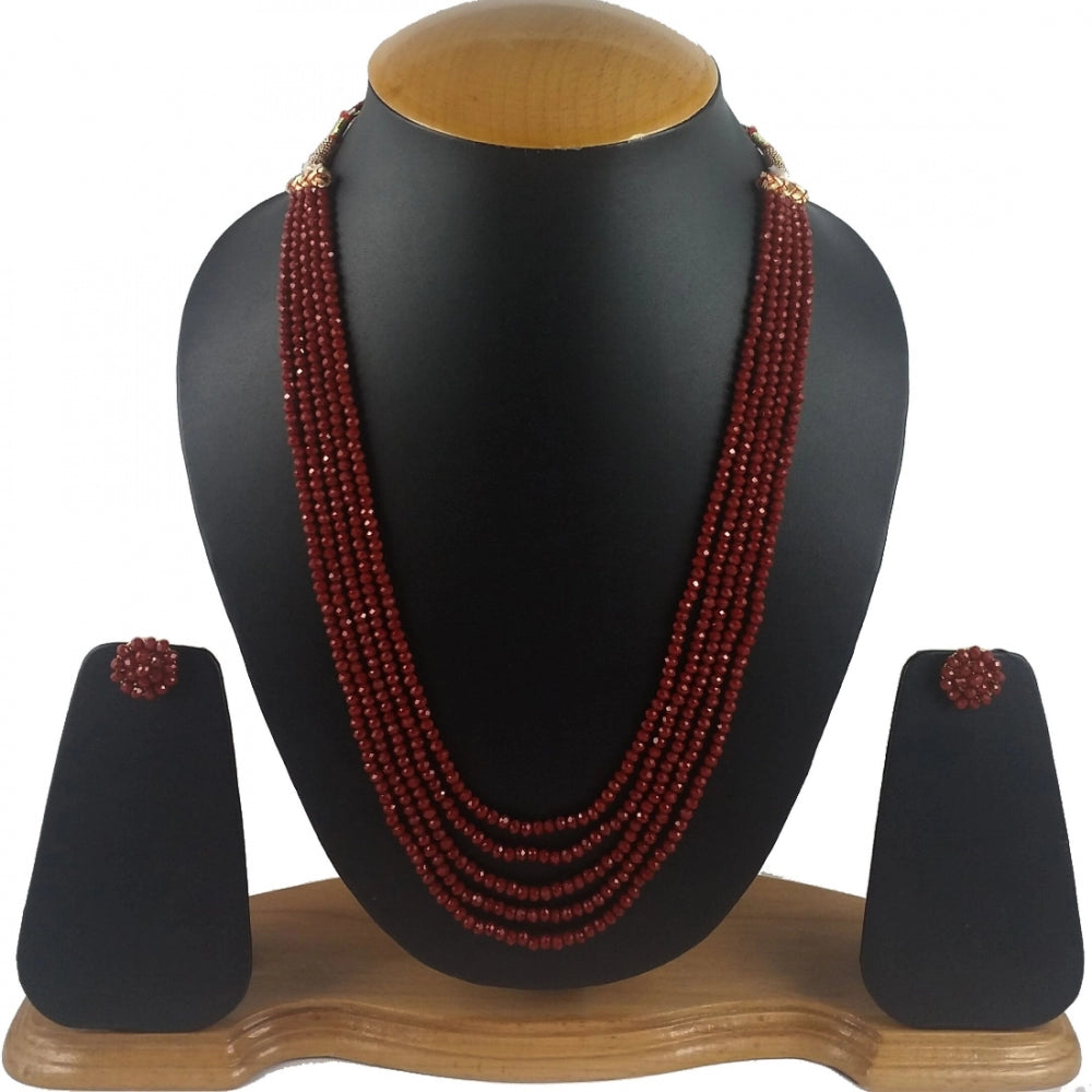 Five Layer Maroon Crystal Beads Necklace With Earrings