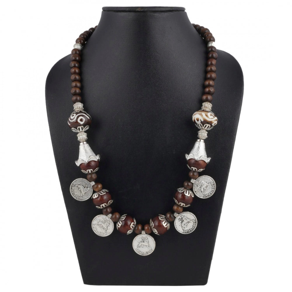 Designer Brown Beads Tibetean Silver Coin Necklace