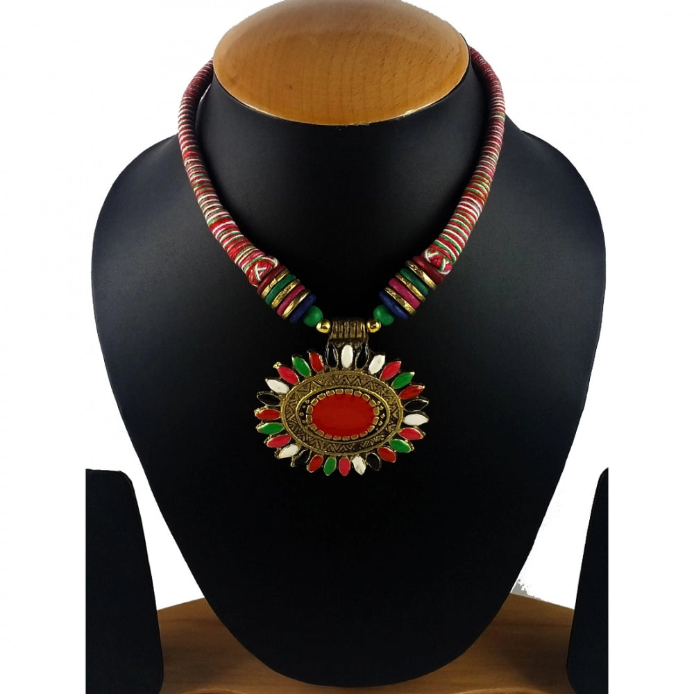 Multicolor Fabric Necklace With Earring Set