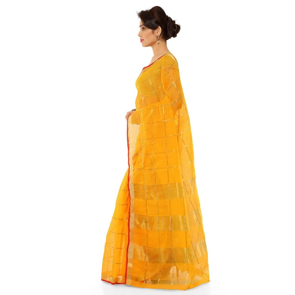 Amfyn Women's Kota Doria Cotton Saree With Blouse (Yellow,6-3 Mtrs)