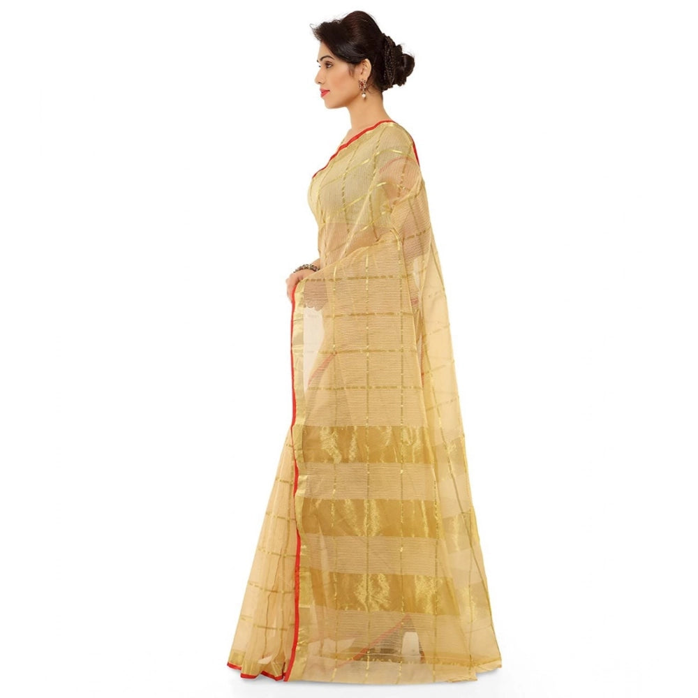 Amfyn Women's Kota Doria Cotton Saree With Blouse (Chikoo,6-3 Mtrs)