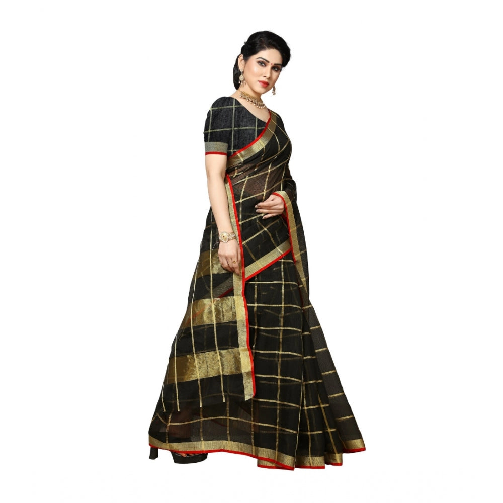 Amfyn Women's Kota Doria Cotton Saree With Blouse (Black,6-3 Mtrs)