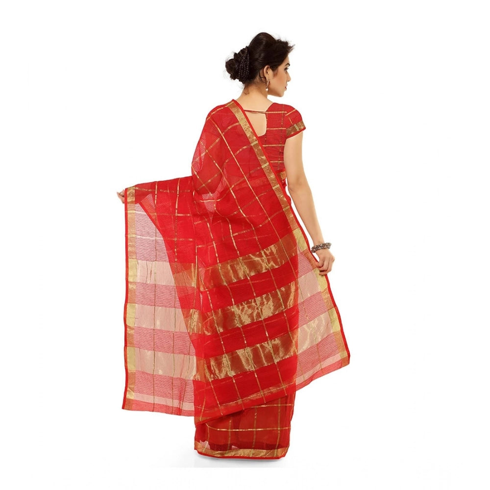 Amfyn Women's Kota Doria Cotton Saree With Blouse (Red,6-3 Mtrs)