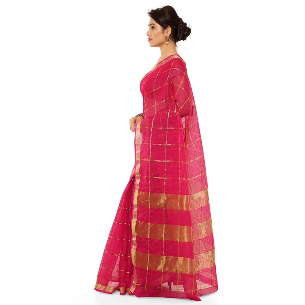 Amfyn Women's Kota Doria Cotton Saree With Blouse (Rani,6-3 Mtrs)