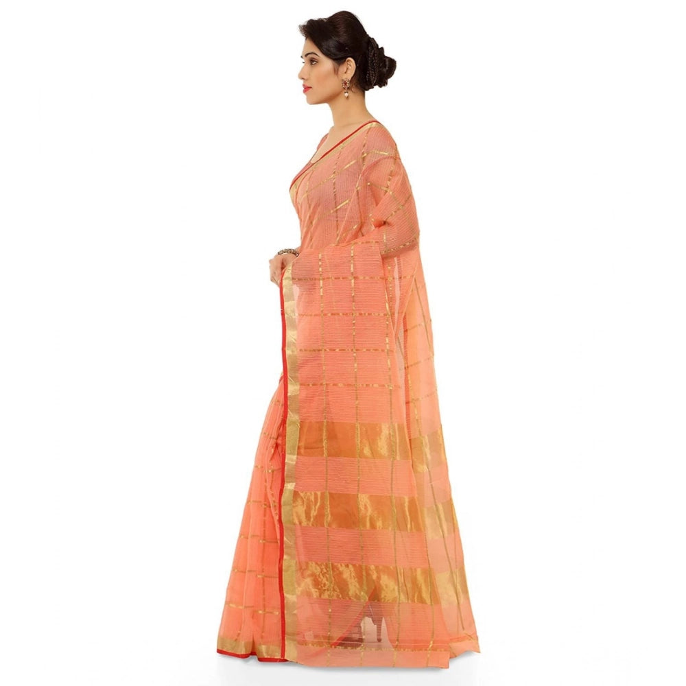 Amfyn Women's Kota Doria Cotton Saree With Blouse (Peach,6-3 Mtrs)
