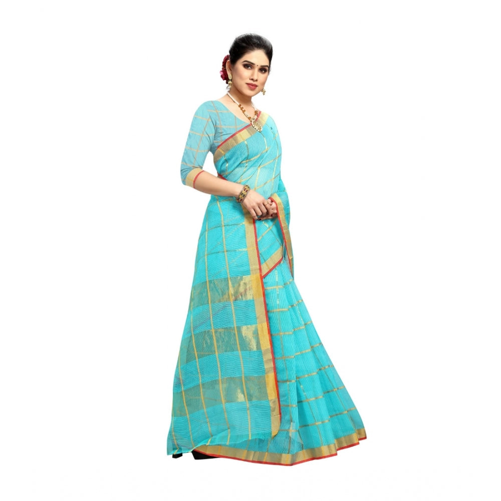 Amfyn Women's Kota Doria Cotton Saree With Blouse (Sky Blue,6-3 Mtrs)