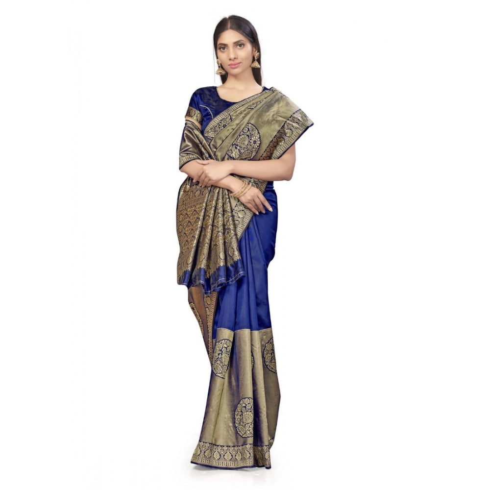 Amfyn Women's Banarasi Silk Saree (Navy Blue,5-6 Mtrs)