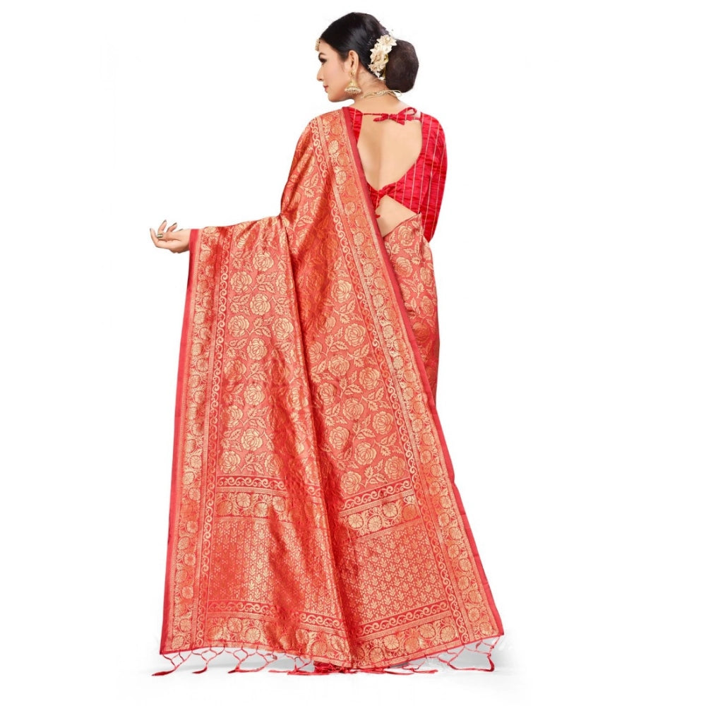 Amfyn Women's Banarasi Silk Saree (Peach,5-6 Mtrs)