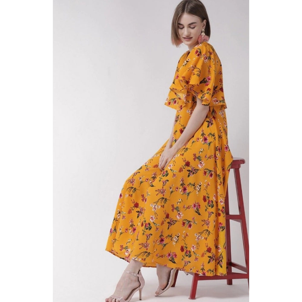 Amfyn Women's Crepe Floral Half Sleeves Full Length Gown(Yellow)