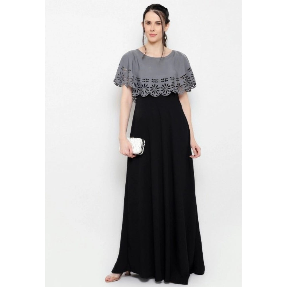 Amfyn Women's Crepe Solid Sleeveless Full Length Gown(Grey Black)