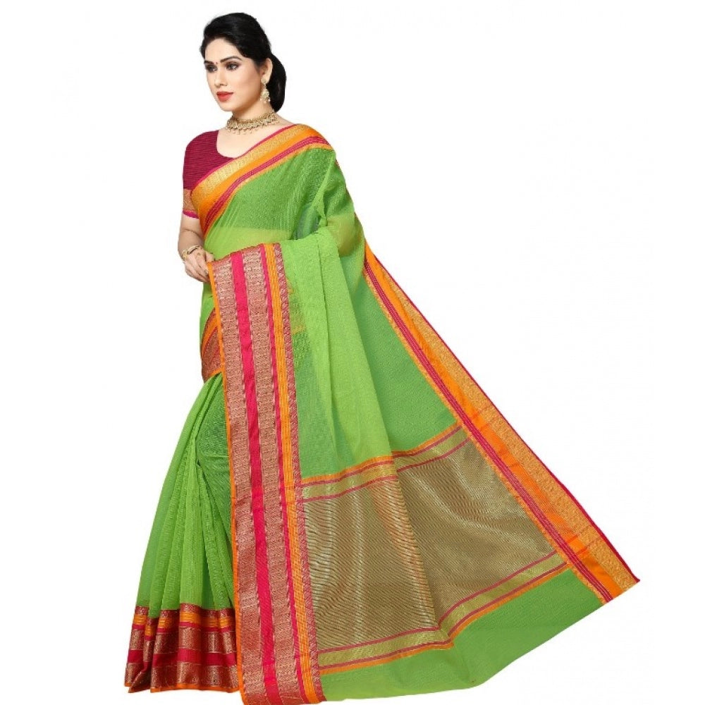 Amfyn Women's Kota Doria Cotton Border Saree With Blouse (Light Green, 5-6 Mtrs)