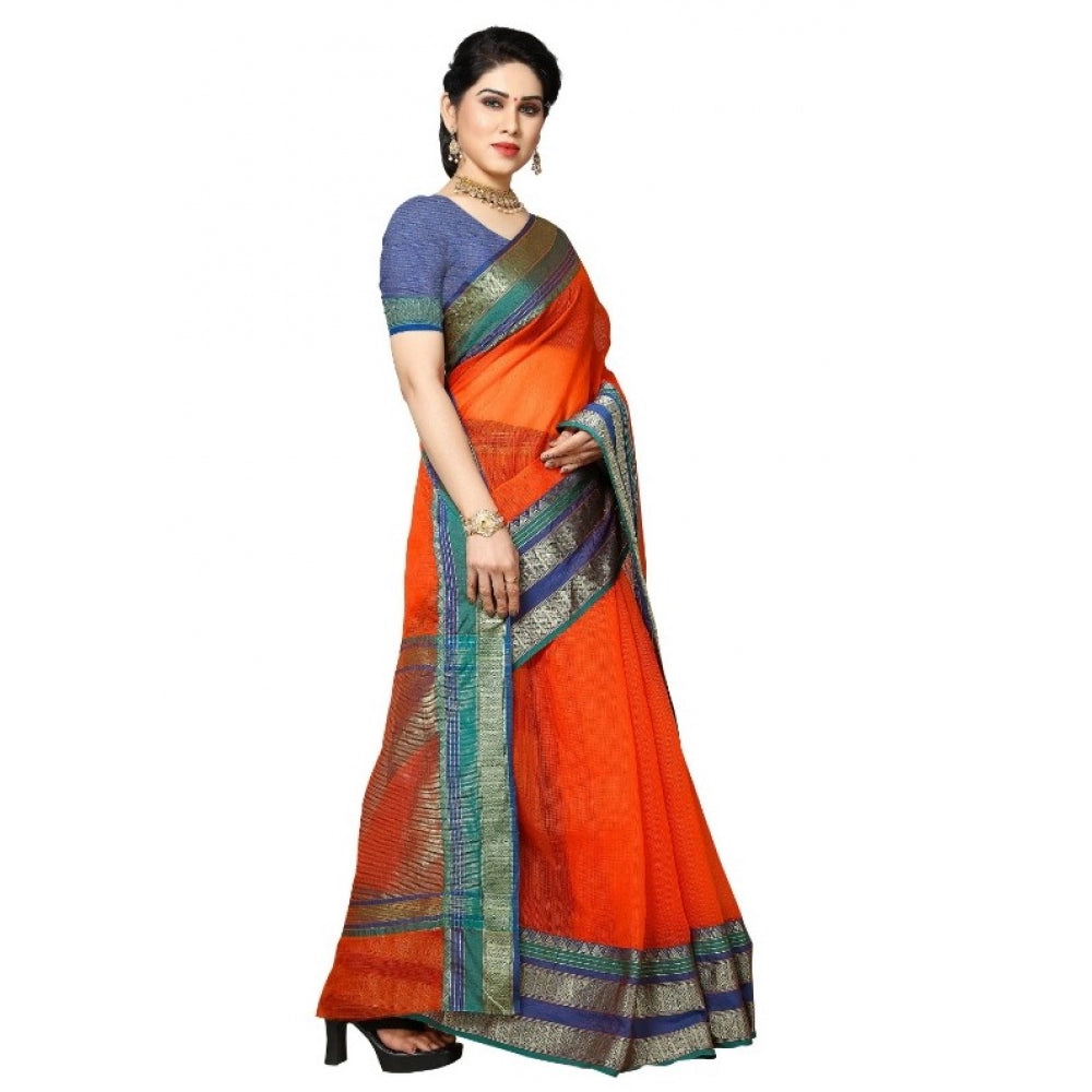 Amfyn Women's Kota Doria Cotton Border Saree With Blouse (Fanta, 5-6 Mtrs)