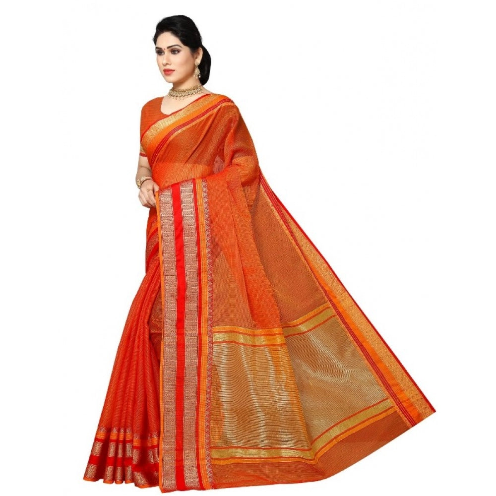 Amfyn Women's Kota Doria Cotton Border Saree With Blouse (Orange, 5-6 Mtrs)