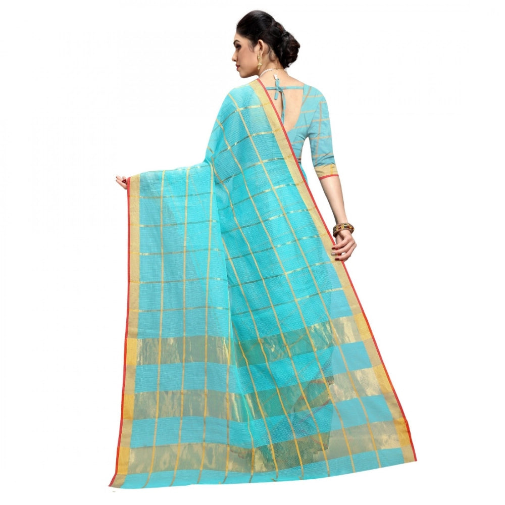 Amfyn Women's Kota Doria Cotton Checked Saree With Blouse (Sky Blue, 5-6 Mtrs)