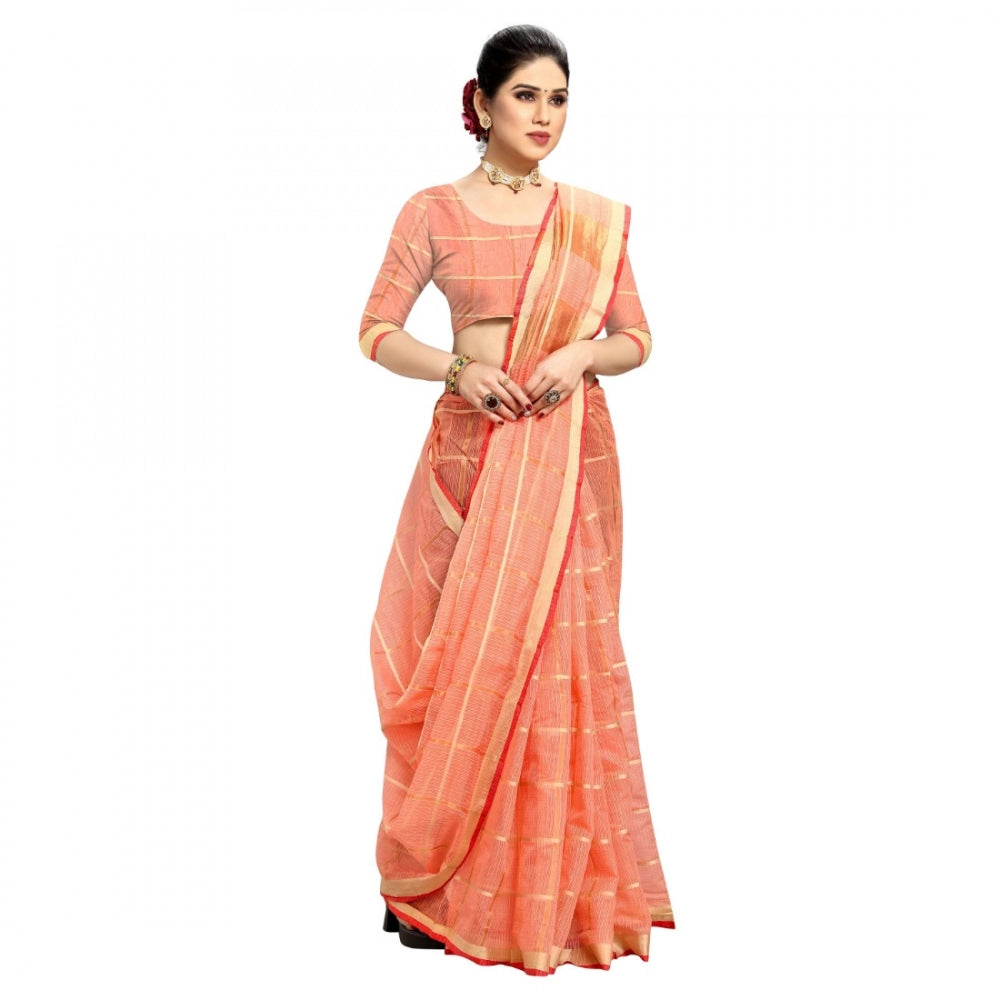 Amfyn Women's Kota Doria Cotton Checked Saree With Blouse (Peach, 5-6 Mtrs)