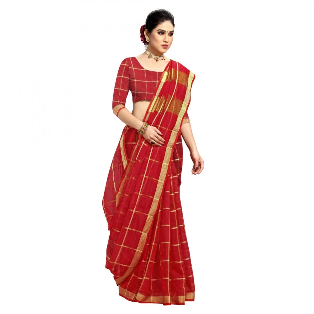 Amfyn Women's Kota Doria Cotton Checked Saree With Blouse (Red, 5-6 Mtrs)