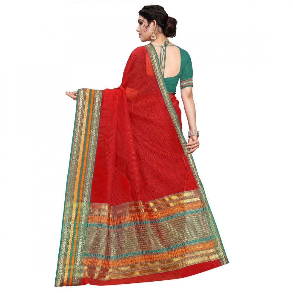 Amfyn Women's Kota Doria Cotton Bordered Saree With Blouse (Red, 5-6 Mtrs)