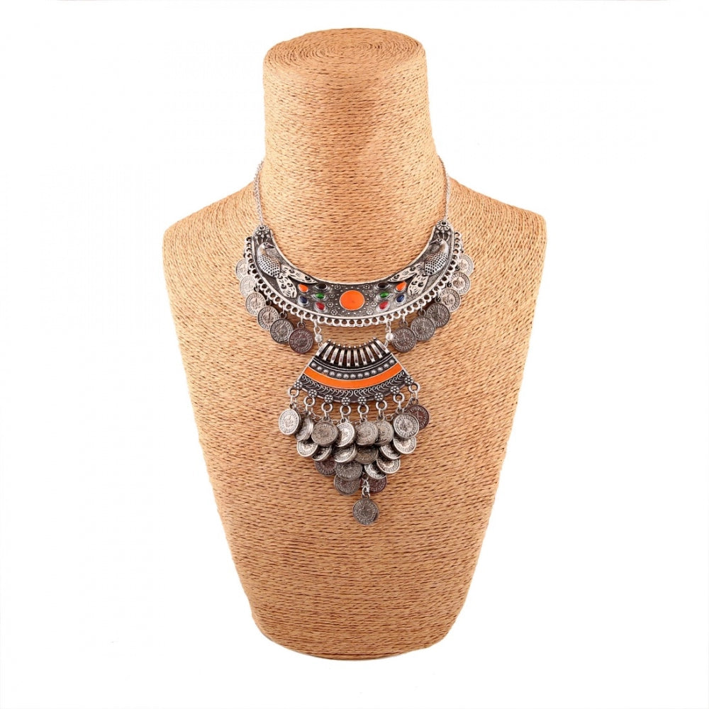 Fashion Designer Oxidised German Silver Tribal Necklace Pandeant Antique Necklace (Color: Silver)