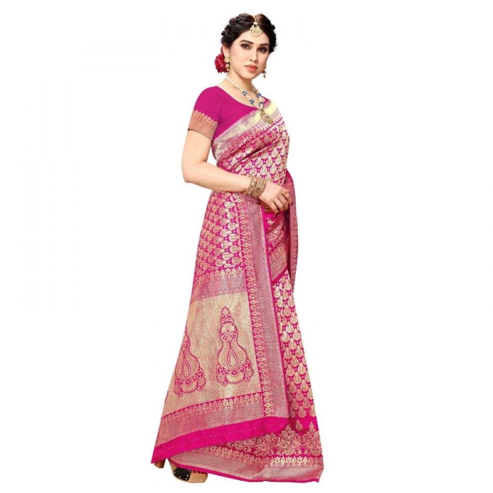 Amfyn Women's Jacquard Silk Kanjivaram Jacquard Silk Saree With Blouse (Pink, 5-6 Mtrs)