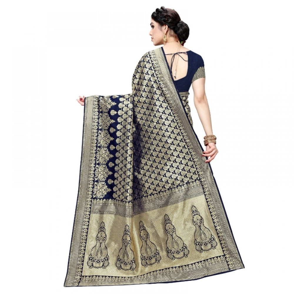 Amfyn Women's Jacquard Silk Kanjivaram Jacquard Silk Saree With Blouse (Navy Blue, 5-6 Mtrs)