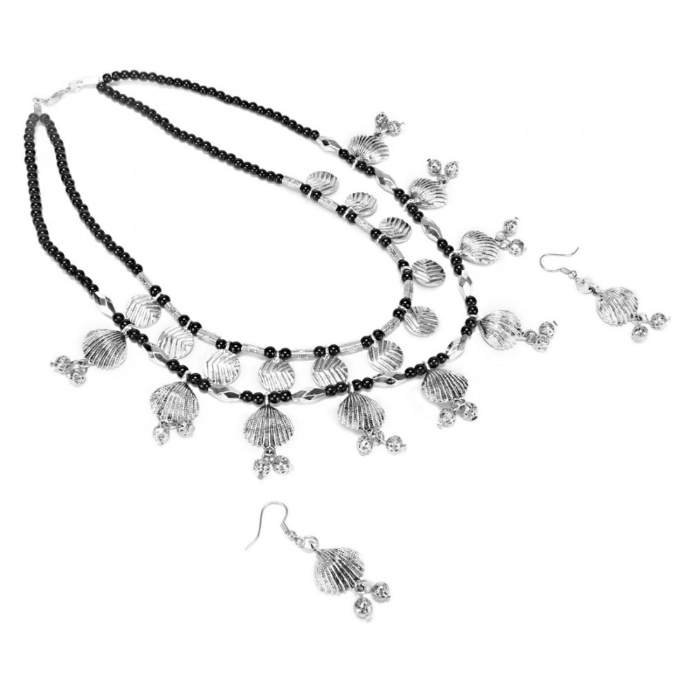 Fashion Jewellery Shell Style Multi Layer Black Beads Oxidized Necklace With Earrings Set For Women