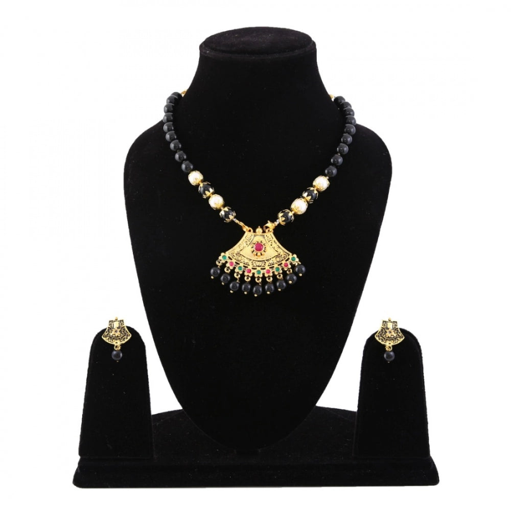 Fashion Gold Plated Pendant Black Beads Traditional Jewellery Set For Women