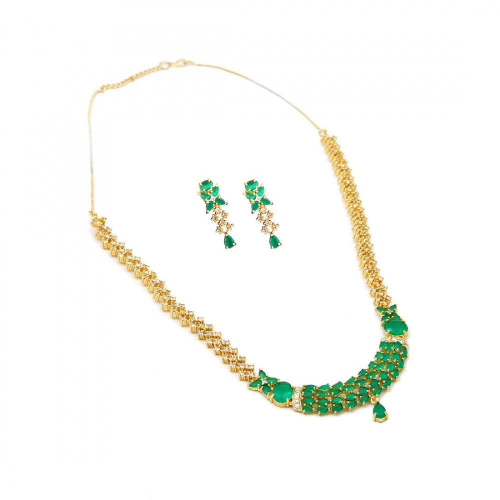Fashion Stylish Gold Plated Green Stone American Diamond Jewellery With Earrings Set For Women