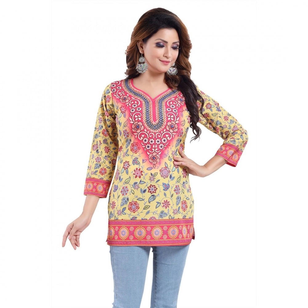 Amfyn Women's Quarter Sleeve Faux Crepe Printed Short Kurti Tunic Top (Color:Yellow)