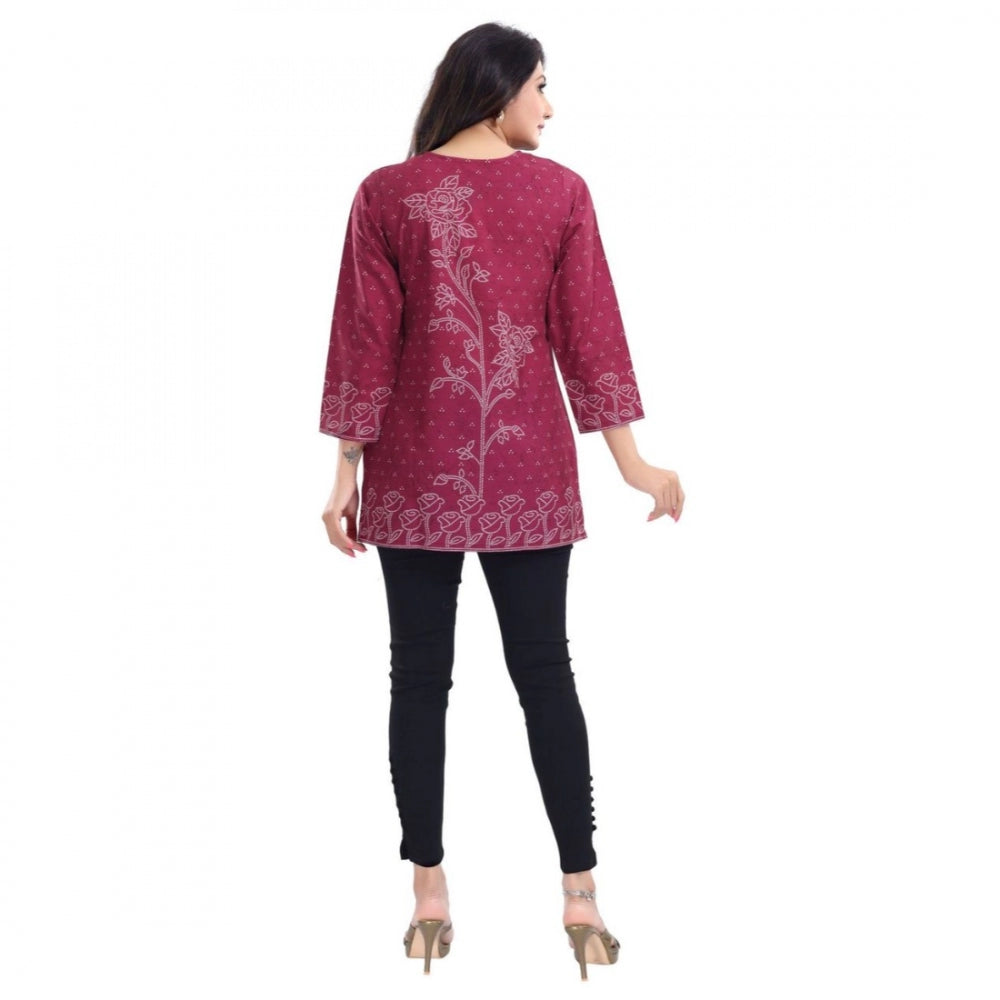 Amfyn Women's Quarter Sleeve Faux Crepe Printed Short Kurti Tunic Top (Color:Magenta)