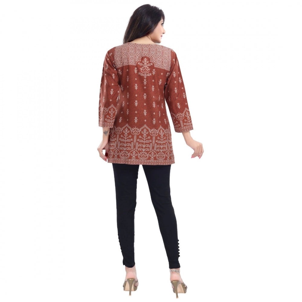 Amfyn Women's Quarter Sleeve Faux Crepe Printed Short Kurti Tunic Top (Color:Rust)