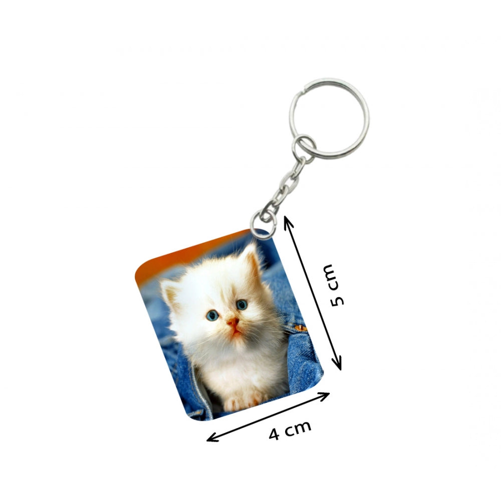 Amfyn Pack Of 3_ White Cat One Side Printed Rectangle Designer Keychain (White)