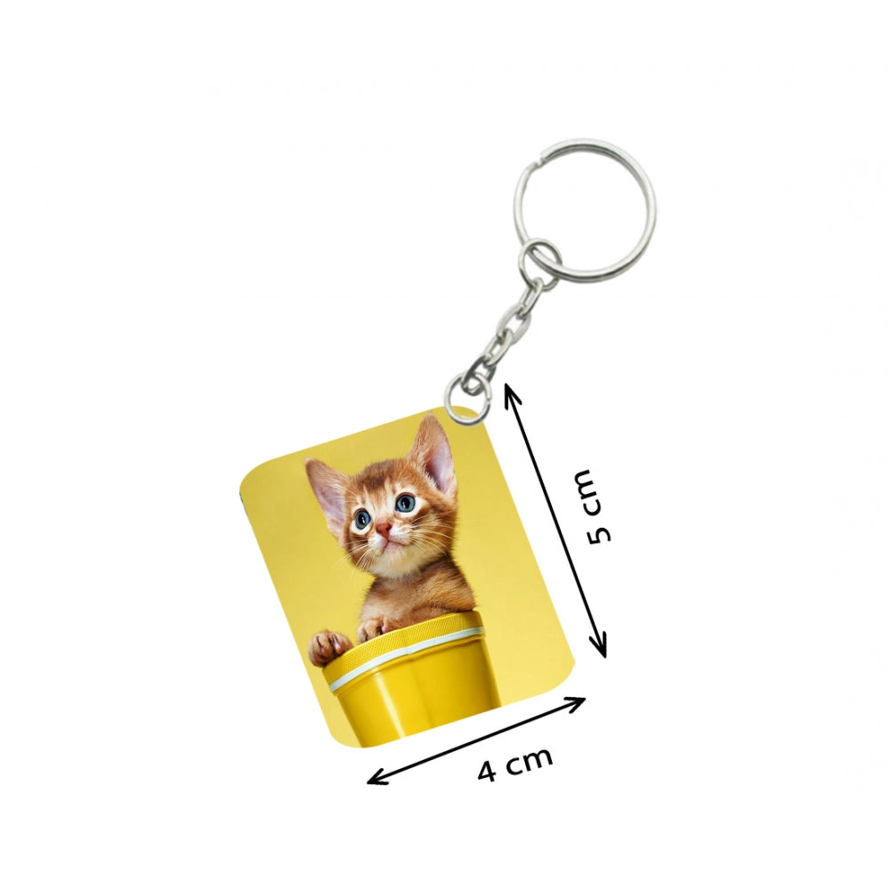 Amfyn Pack Of 3_ Yellow Cup With Cat One Side Printed Rectangle Designer Keychain (Yellow)