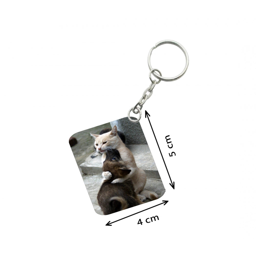 Amfyn Pack Of 3_ Cat Love One Side Printed Rectangle Designer Keychain (Brown)