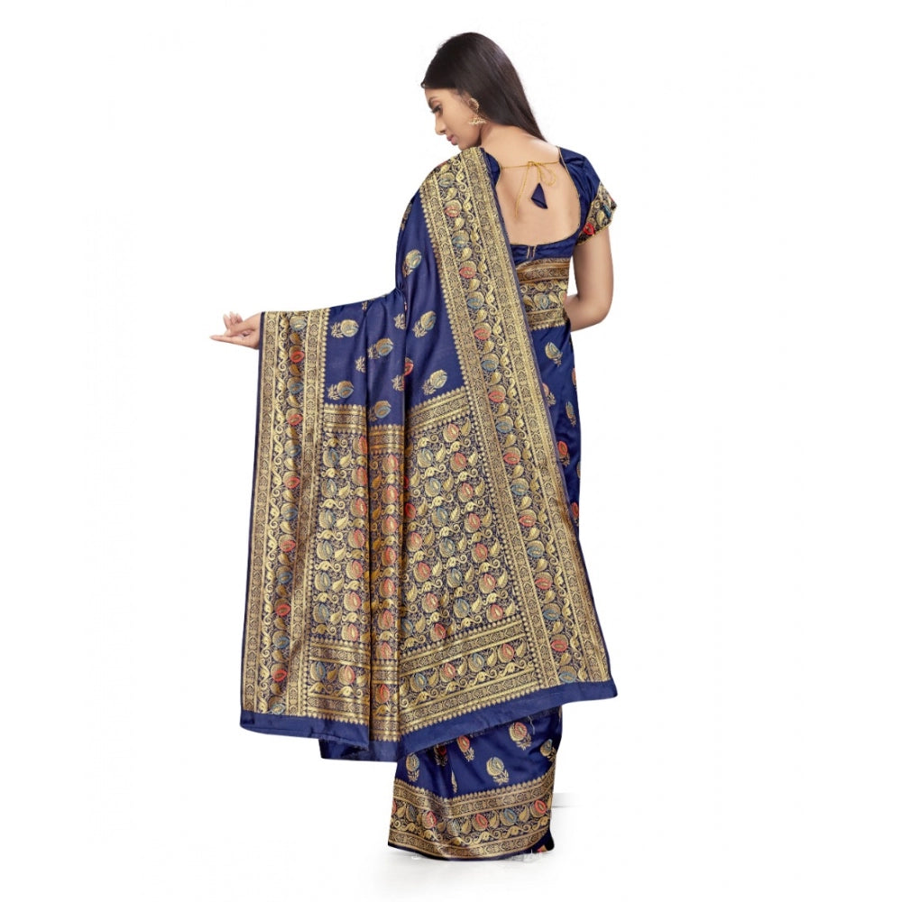 Amfyn Women's Banarasi Silk Saree With Blouse (Navy Blue, 5-6Mtrs)