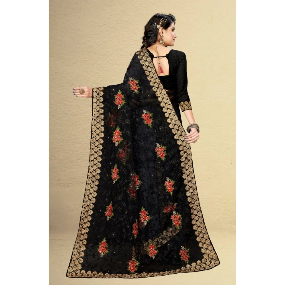 Amfyn Women's Net Saree With Blouse (Black, 5-6Mtrs)