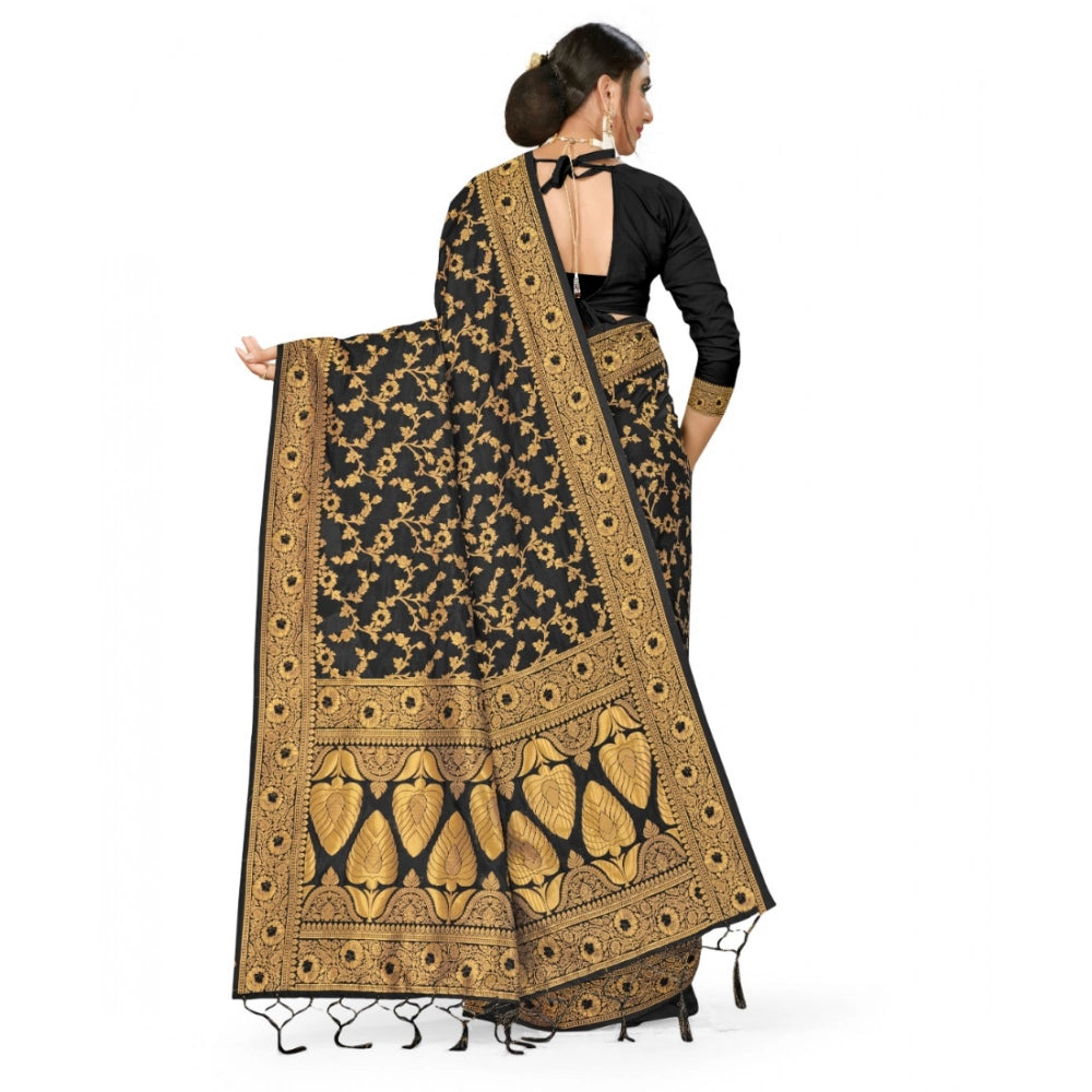 Amfyn Women's Banarasi Silk Saree With Blouse (Black, 5-6Mtrs)