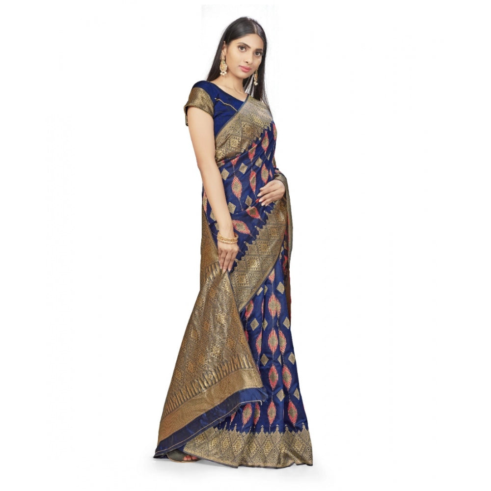 Amfyn Women's Banarasi Silk Saree With Blouse (Navy Blue, 5-6Mtrs)