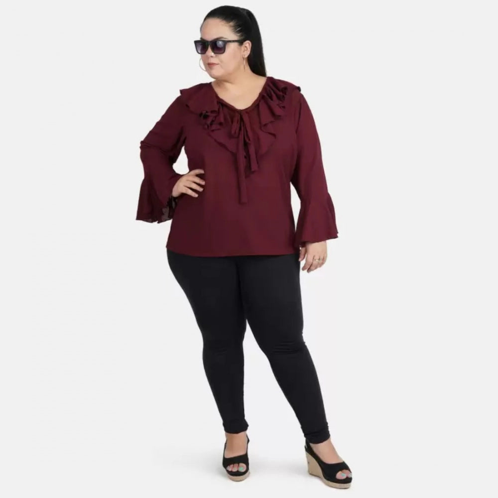 Amfyn Women's Casual Bell Sleeve Solid Maroon Top (Color:Maroon, Material:Georgette)