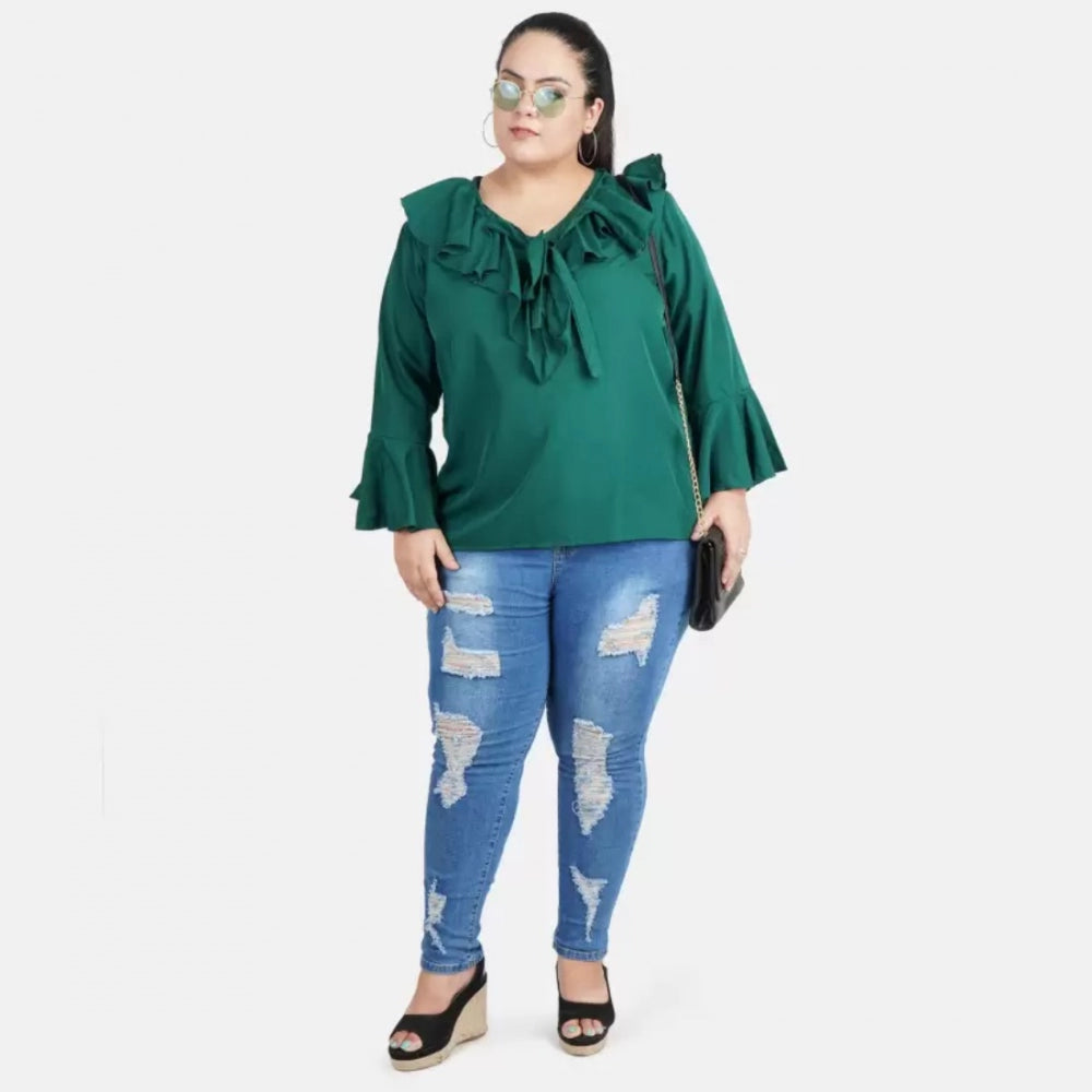 Amfyn Women's Casual Bell Sleeve Solid Green Top (Color:Green, Material:Georgette)