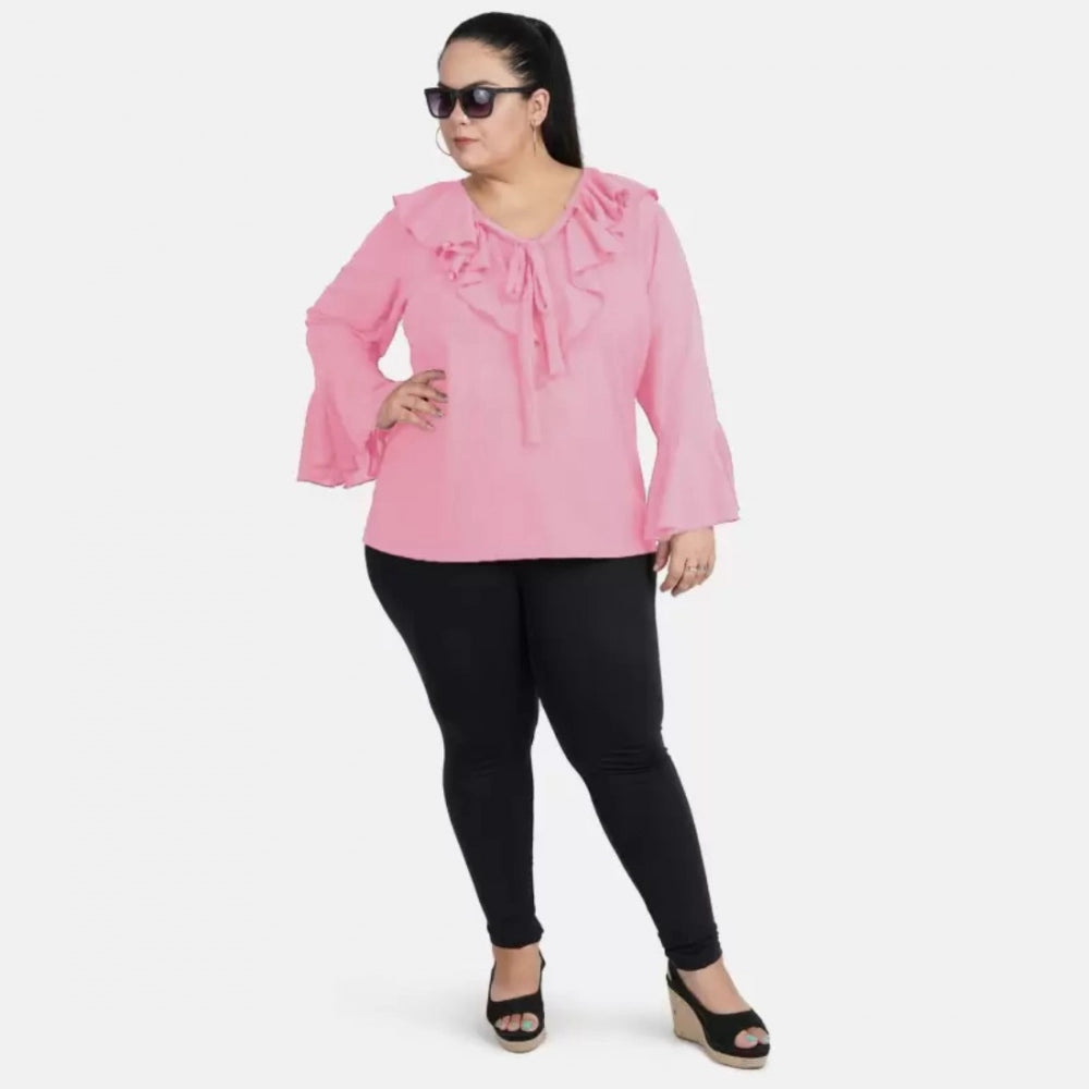 Amfyn Women's Casual Bell Sleeve Solid Pink Top (Color:Pink, Material:Georgette)