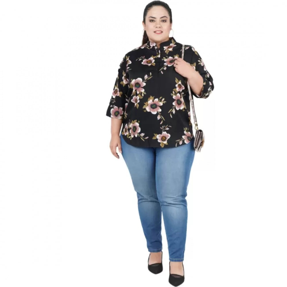 Amfyn Women's Casual Three Fourth Sleeve Printed Black Top (Color:Black, Material:Poly Crepe)