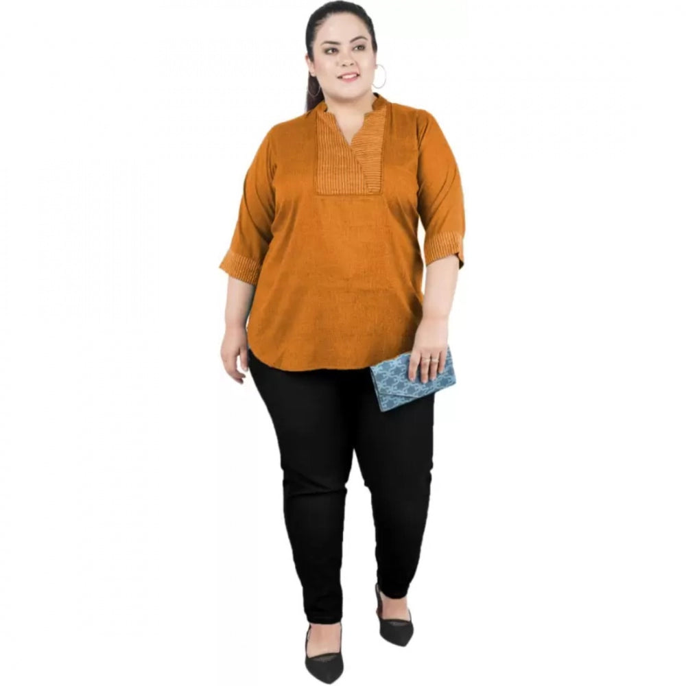 Amfyn Women's Casual Three Fourth Sleeve Embroidered Yellow Top (Color:Yellow, Material:Cotton Linen Blend)