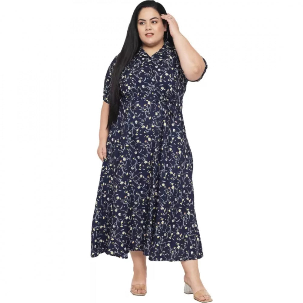 Amfyn Women's Fit And Flare Blue Dress (Color:Blue, Material:Polyester)