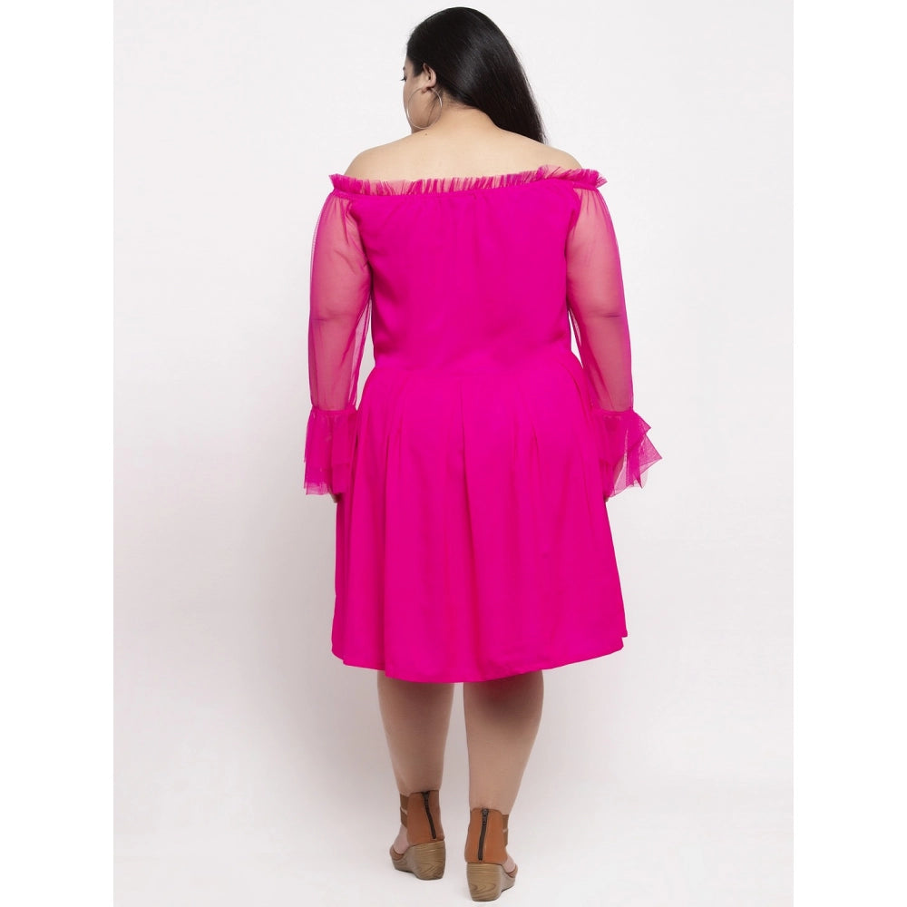Amfyn Women's Crepe Solid Knee Length Fit and Flare Dress (Pink)