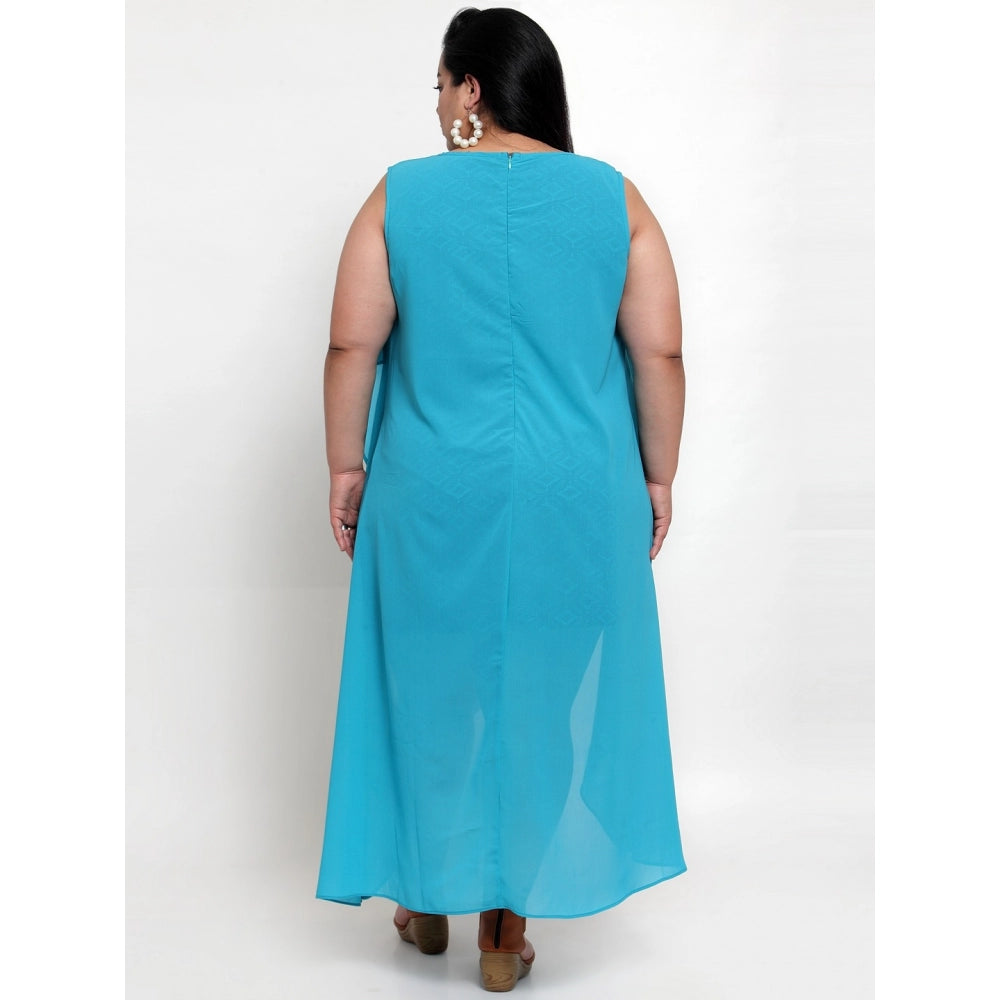 Amfyn Women's Georgette Solid Knee Length Fit and Flare Dress (Blue)