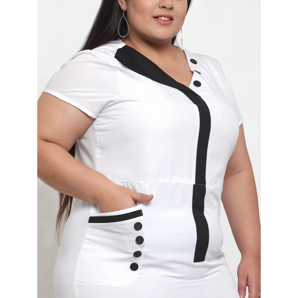 Amfyn Women's Crepe Solid Knee Length Fit and Flare Dress (White)