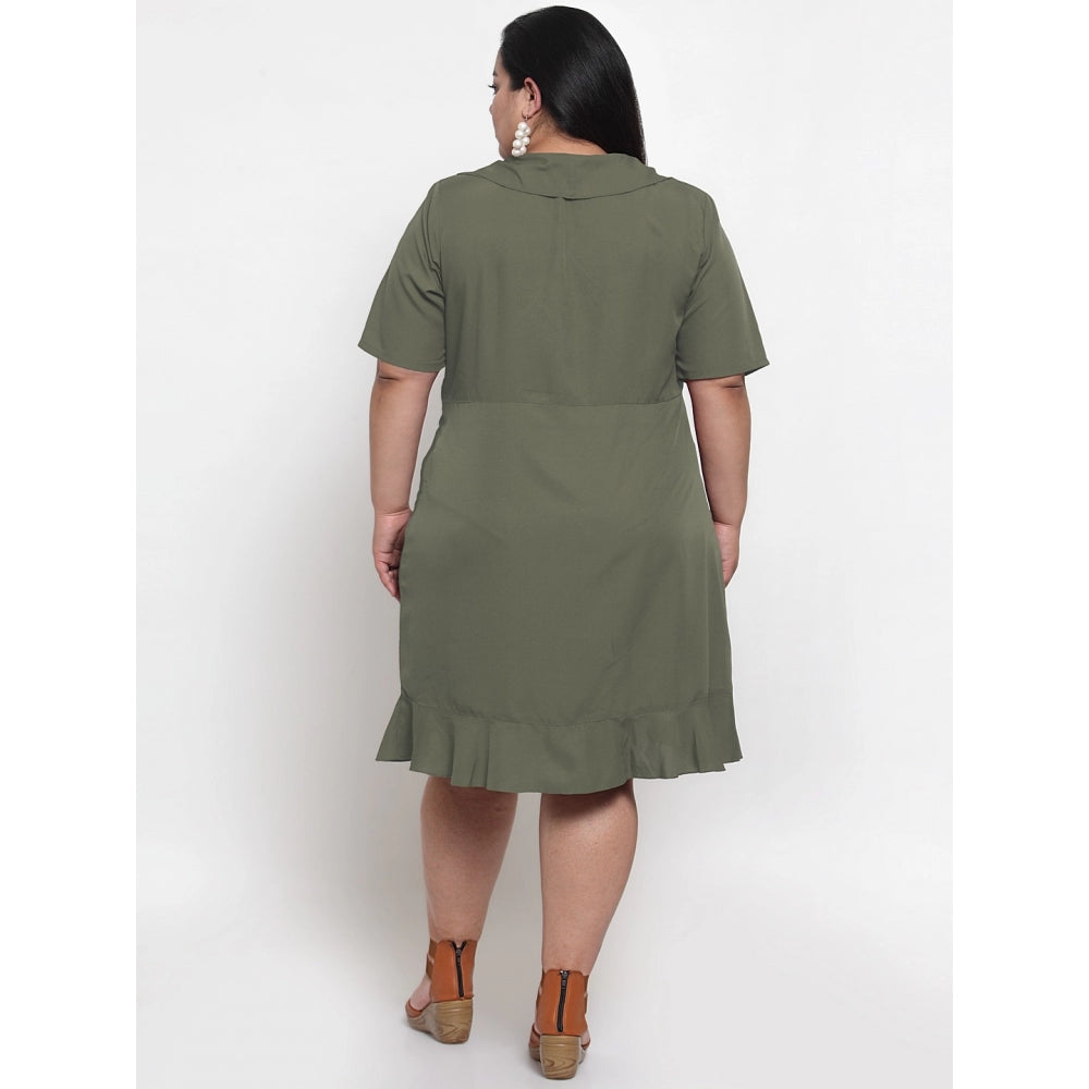 Amfyn Women's Crepe Solid Knee Length Fit and Flare Dress (Olive Green)